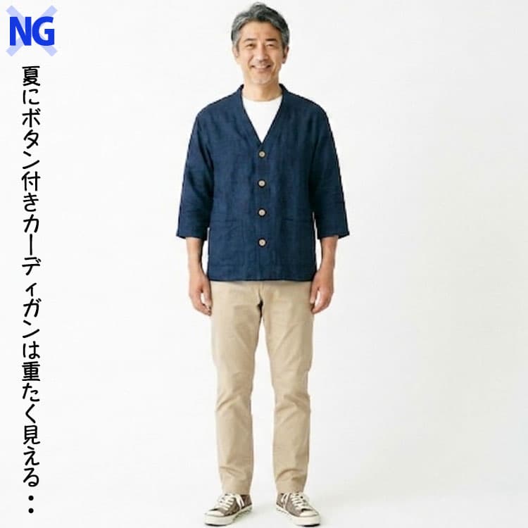 夏は重たく見えるボタン付きカーディガンを着たコーデ例