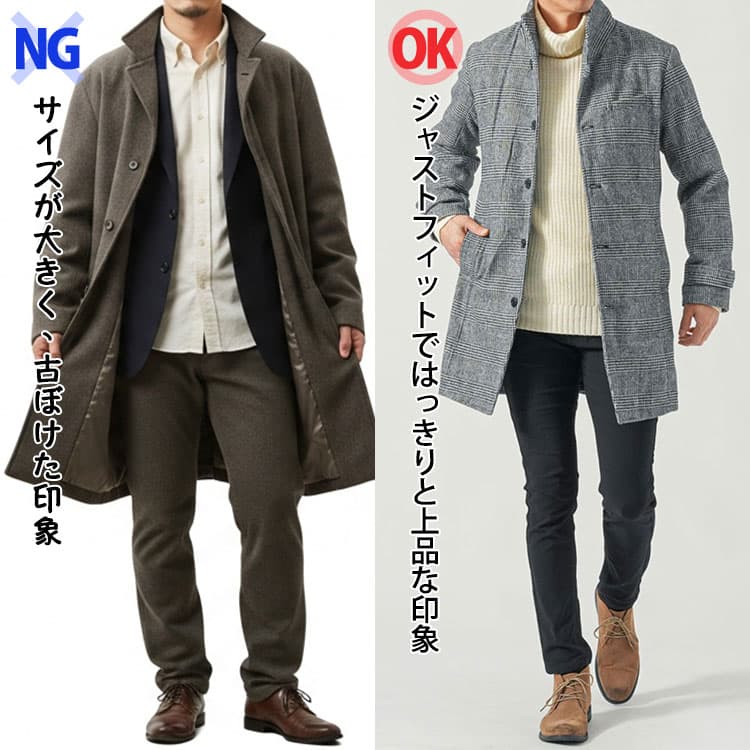 2つのポイントを押さえていない場合と押さえた場合のスタンドカラーコートの比較