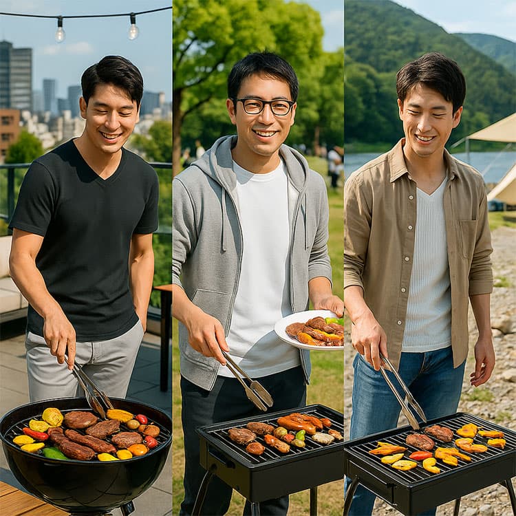 黒Tシャツとグレーパンツ姿の男性が都会の屋上テラスでハンバーグやパプリカをグリル。パーカーと白Tシャツの男性は公園でソーセージやとうもろこしを焼きながら笑顔で皿を手にし、ベージュシャツとジーンズの男性は河川敷のキャンプ場で焼き野菜を丁寧にトングで並べている