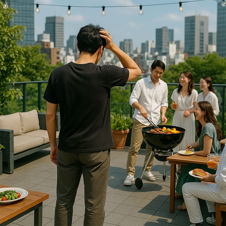 黒Tシャツとくすみグレーパンツを着た男性が、都会の屋上テラスのバーベキュー会場で後頭部に手をやりながら立ち尽くしている。周囲では白シャツや白パンツ、ワンピース姿のおしゃれな男女が楽しそうに談笑している