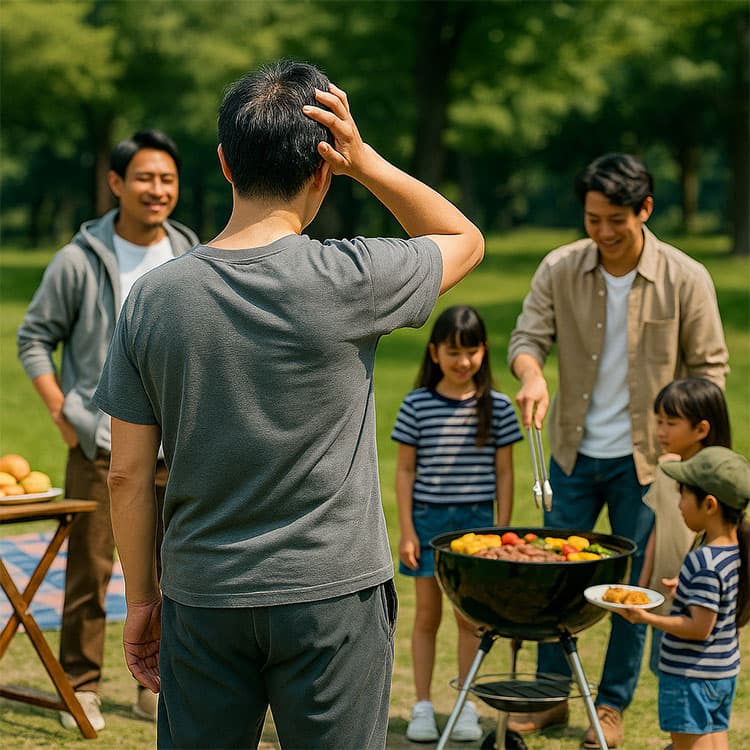 グレーのTシャツとジャージ素材のパンツを着た男性が、公園で開かれたバーベキュー会場を前に後頭部をかきながら立ち尽くしている。前方ではシャツやパーカー姿の父親たちが、子どもたちと一緒にバーベキューグリルを囲んで笑顔で談笑。