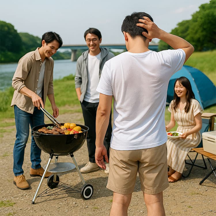 白Tシャツとベージュのハーフパンツ、サンダルを着た男性が河川敷のバーベキュー会場で頭をかいている後ろ姿