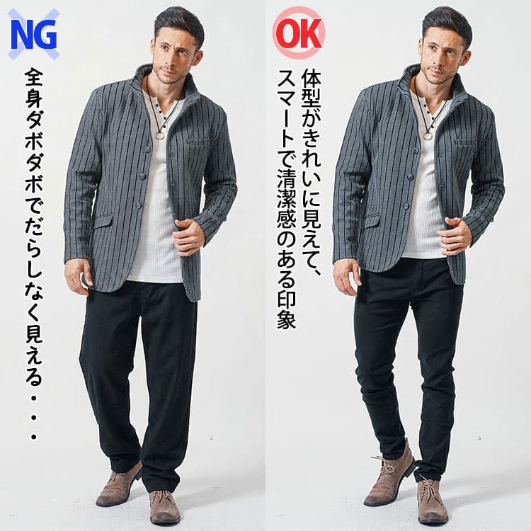 がっちり体型がだらしなく見えるNGファッションとスマートで清潔感のある印象のファッションの比較
