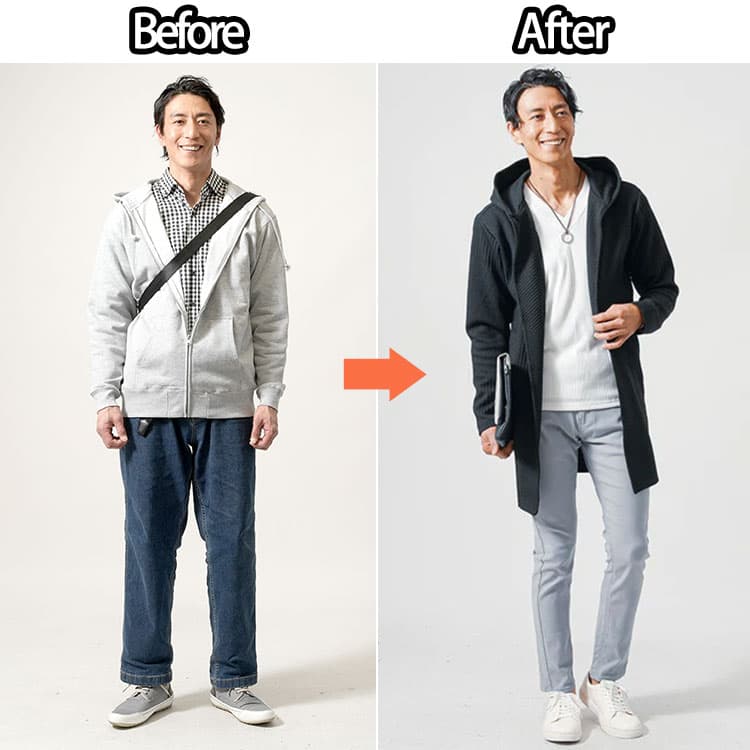 40代メンズのおじさん臭く見えるファッションと色にメリハリがあるファッションのビフォーアフター