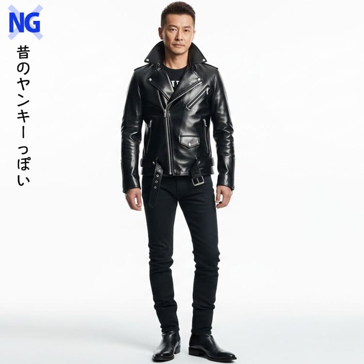光沢が強いライダースジャケットは昔のヤンキーっぽい