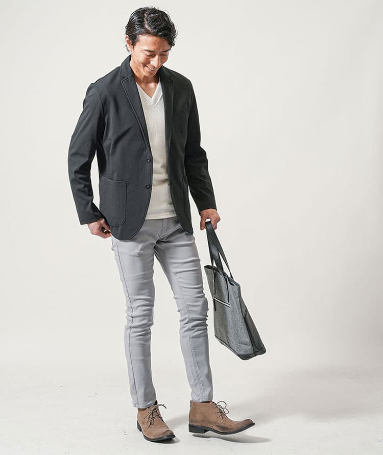 ちょいワル・イケオジメンズ3点コーデセット 黒長袖テーラードジャケット×白長袖Tシャツ×グレースリムテーパードチノパンツ