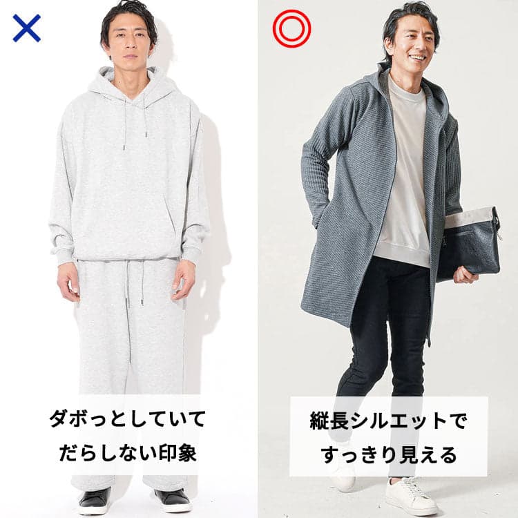 ダボっとしただらしなく見えるパーカーと縦長シルエットですっきり見えるロングパーカーとの比較