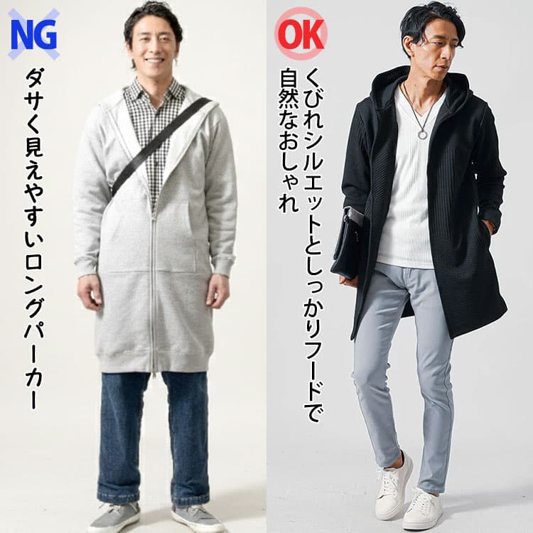 ダサく見えやすいロングパーカーとくびれシルエットとしっかりフードで自然なおしゃれに見えるロングパーカーの比較