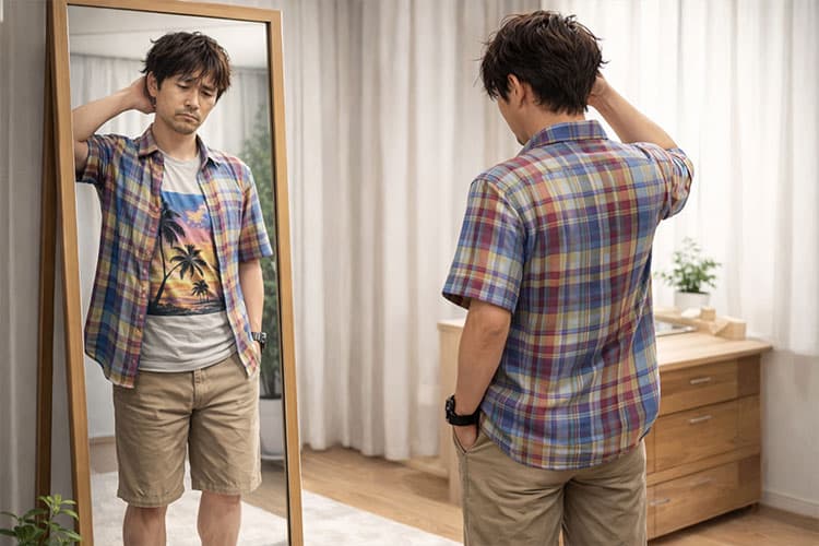 鏡の前で昔買った服が似合わないと感じている男性