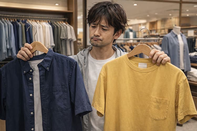 お店で服を選んでいるけど悩んでいる男性