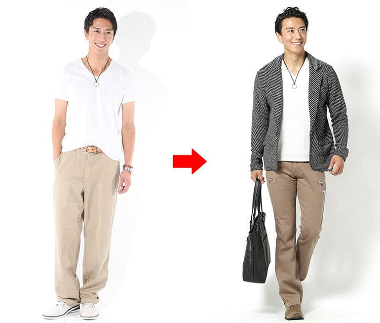 太いシルエットのズボンコーデとスリムなシルエットのズボンコーデの例