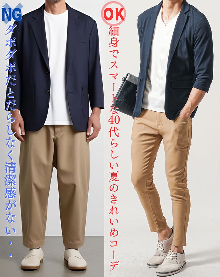 ダボダボでダサい夏コーデと細身でまとめた40代らしい夏のきれいめコーデの比較