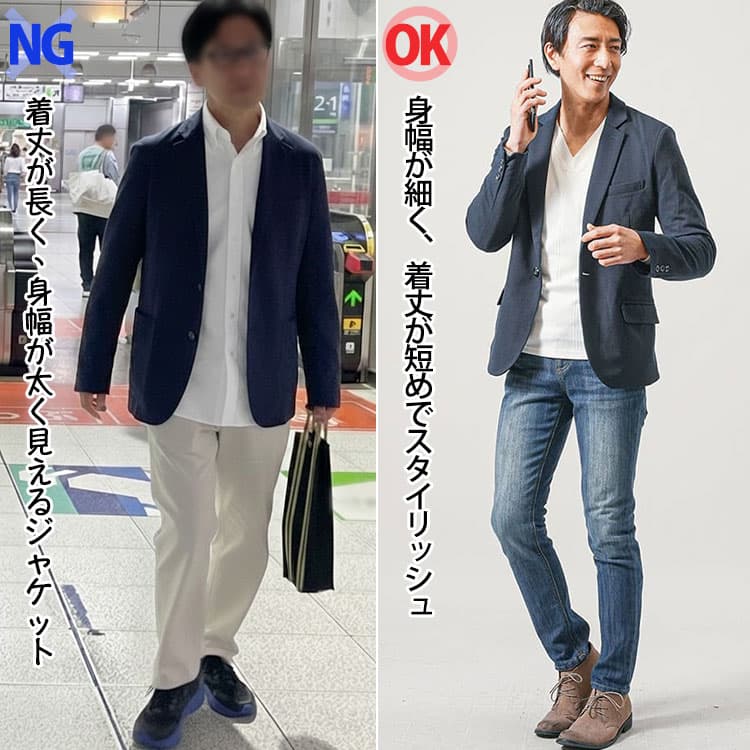 着丈が長く、身幅が太く見えるジャケットと身幅が細く、着丈が短めでスタイリッシュなジャケットの比較