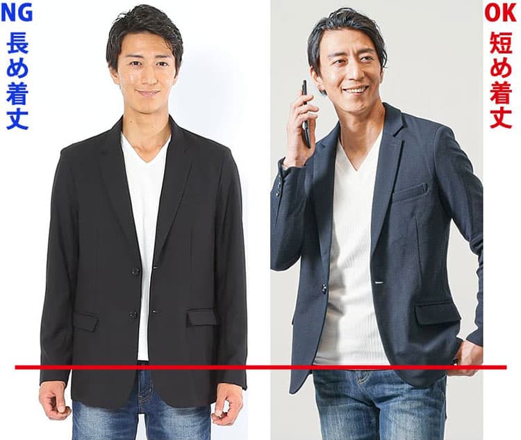 着丈がズボンのポケット口が隠れる程度になっているジャケット