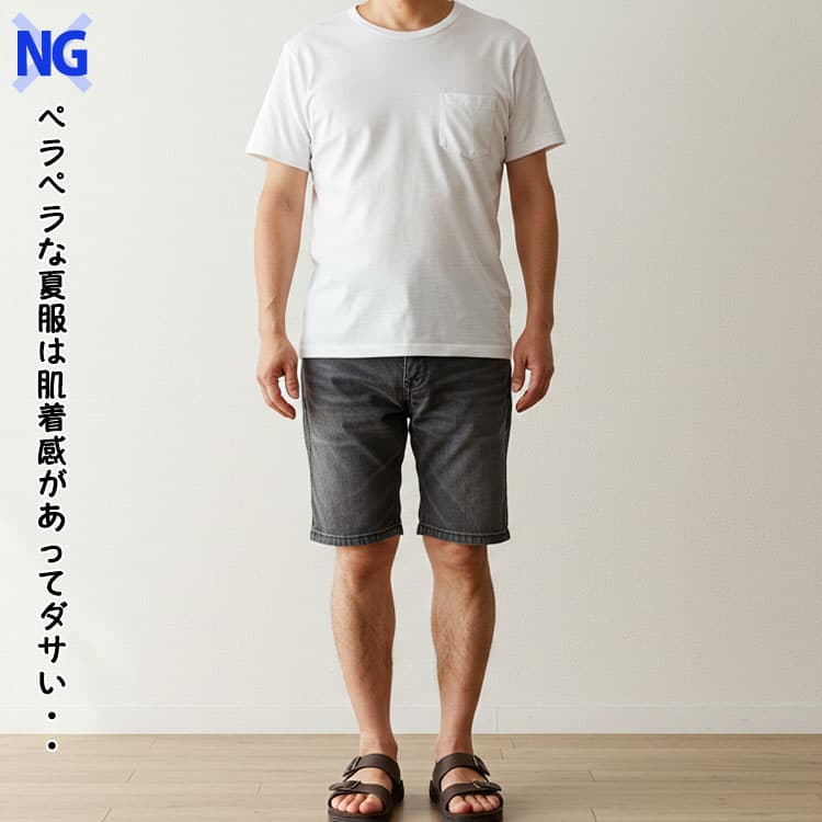 40代メンズが避けるべき肌着感のあるペラペラなTシャツを着たNG夏コーデ例