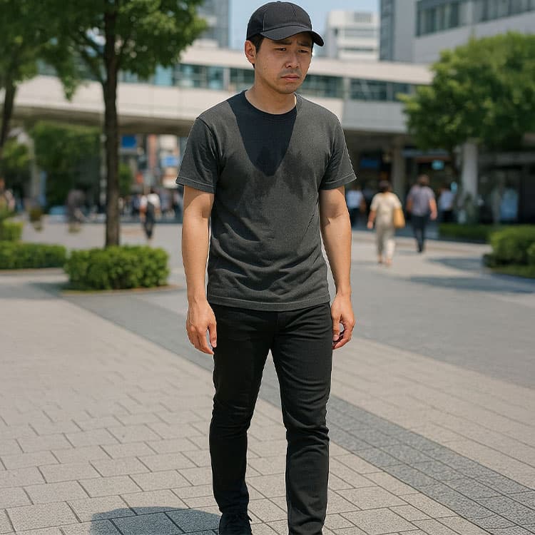 真夏の街中で黒キャップとチャコールグレーのTシャツ、黒のフルレングススキニーパンツを着用した30代男性が立ち止まり、暑さに不快感を感じている様子。グレーTシャツにはうっすら汗染みが見え、黒パンツの重たさと密着感が強調されている。