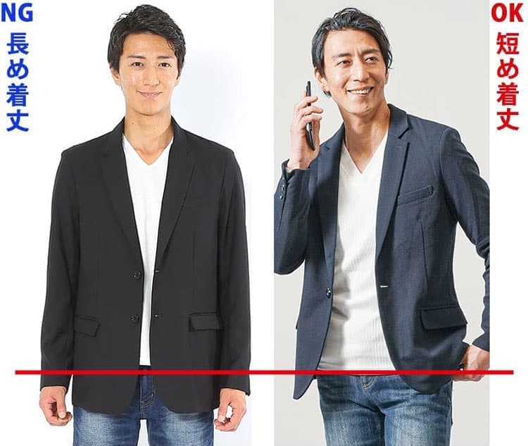 ズボンのポケット口が隠れる程度の着丈の説明画像