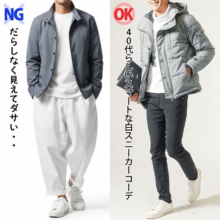 ダボダボな白パンツと合わせたダサい白スニーカーコーデ例