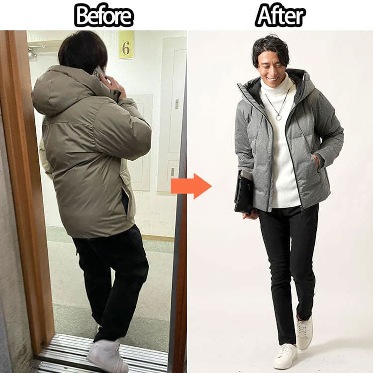 黒のワイドパンツを黒のシルエットのきれいなパンツに変えるとイケオジファッションになるビフォーアフター例