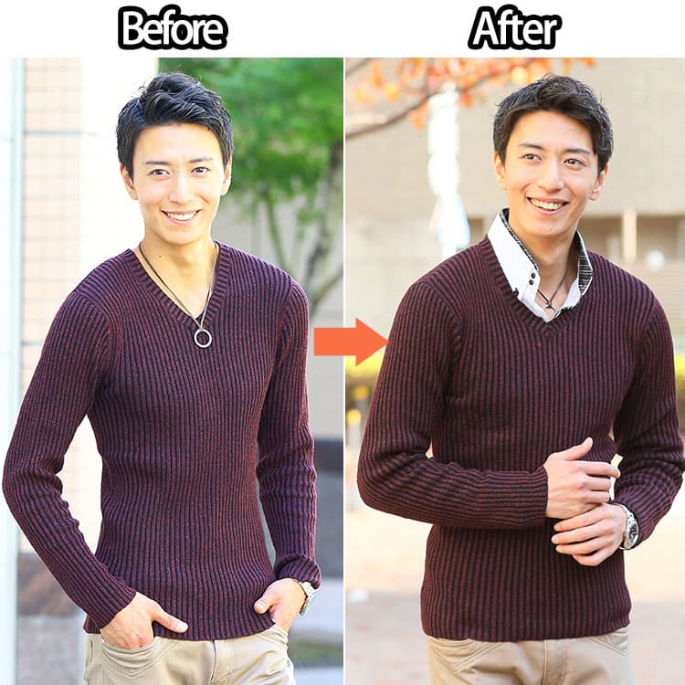 ニット一枚のコーデとシャツとニットの重ね着コーデの比較