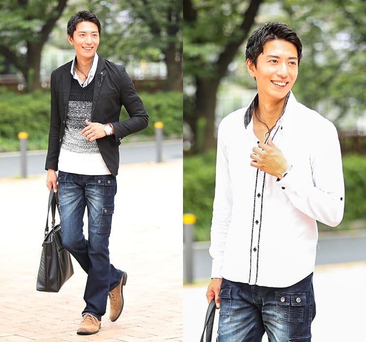 ニットと重ね着するシャツは細身のサイズ感を選ぶ