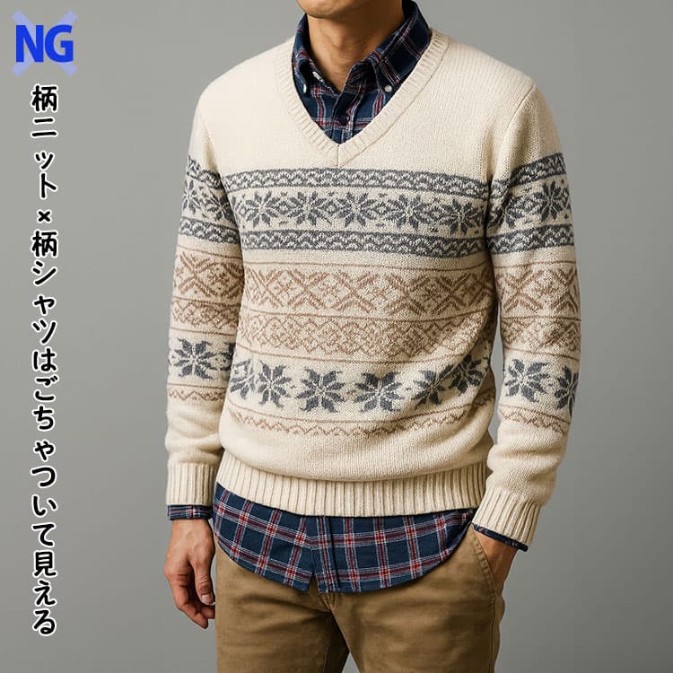 柄ニット×柄シャツはごちゃついて見える例