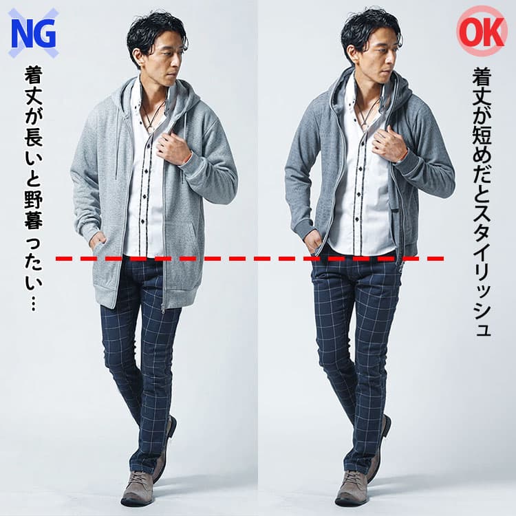 チェックパンツに着丈が長いジャケットを合わせたコーデと着丈が短めのジャケットを合わせたコーデの比較画像