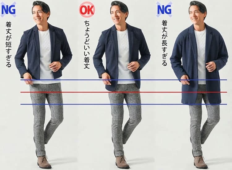 ジャケットやシャツはズボンのポケット口がちょうど隠れる程度の着丈