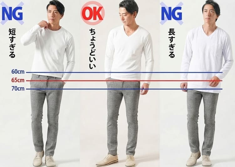 Tシャツやポロシャツはベルト部分がちょうど隠れる(約65㎝)程度の着丈