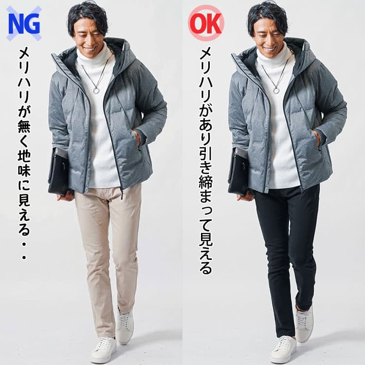 グレーアウターにベージュ色パンツと黒パンツを合わせたコーデの比較