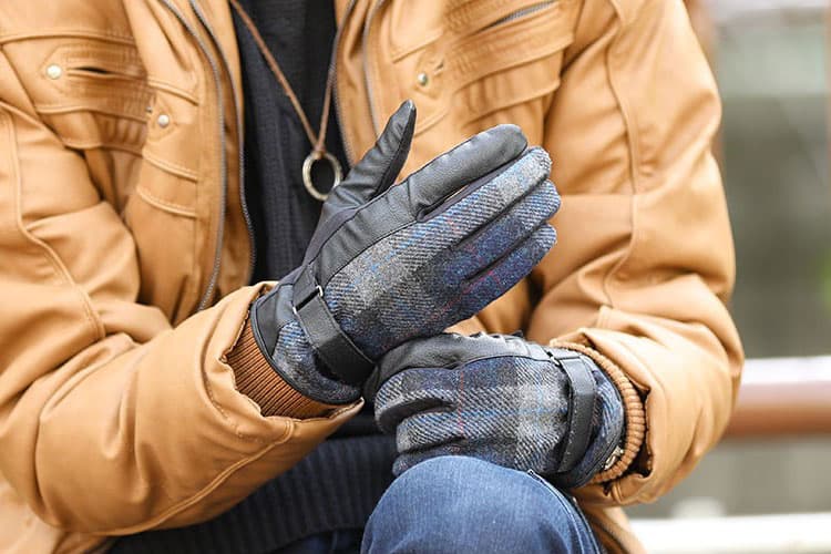 ウールチェックデザインPUレザー切り替えグローブ