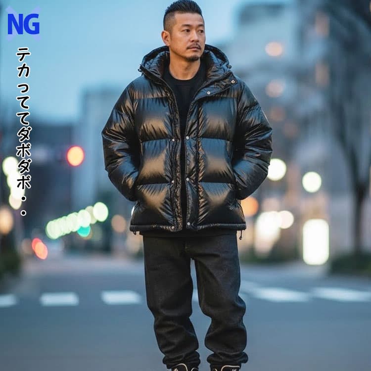 メンズが避けるべきテカリがあるゆったりとした防寒着ダウン例