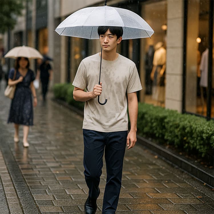 デート予定の男性が雨に濡れてしまい、せっかくの服装が雨染みで台無しに。傘を差していても肩や胸元が濡れており、雨の日のTPOに合う服選びの重要性を示す一枚