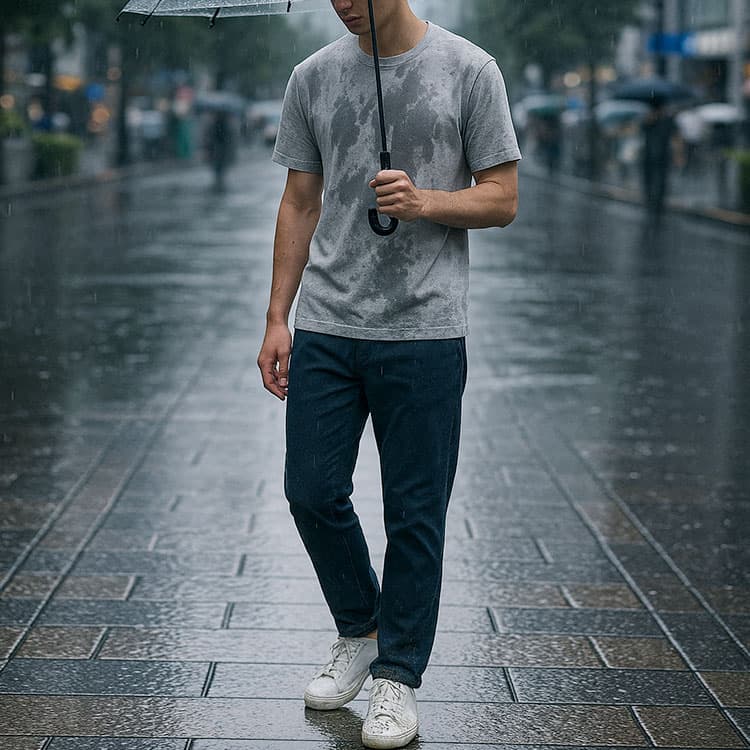 雨の日に白スニーカーの裾に泥はねが目立つ男性の失敗コーデ。濡れたTシャツには雨染みも浮き出ており、雨の日の服装選びの難しさを表している