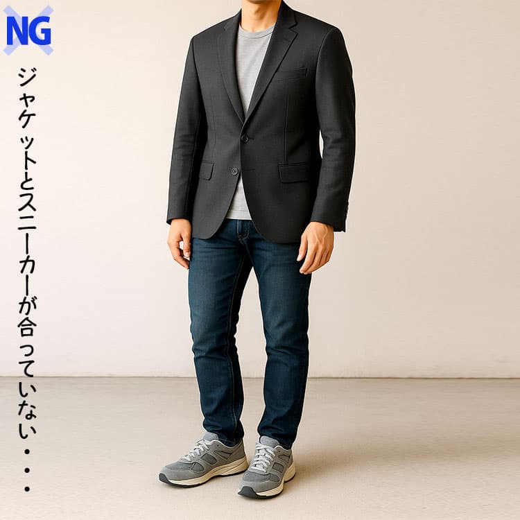 ジャケットとスニーカーが合っていないコーデの例