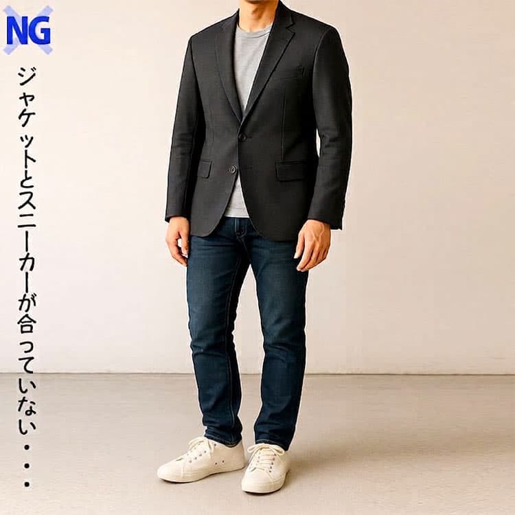 ジャケットに合わないキャンバス地のスニーカーを合わせたコーデ例
