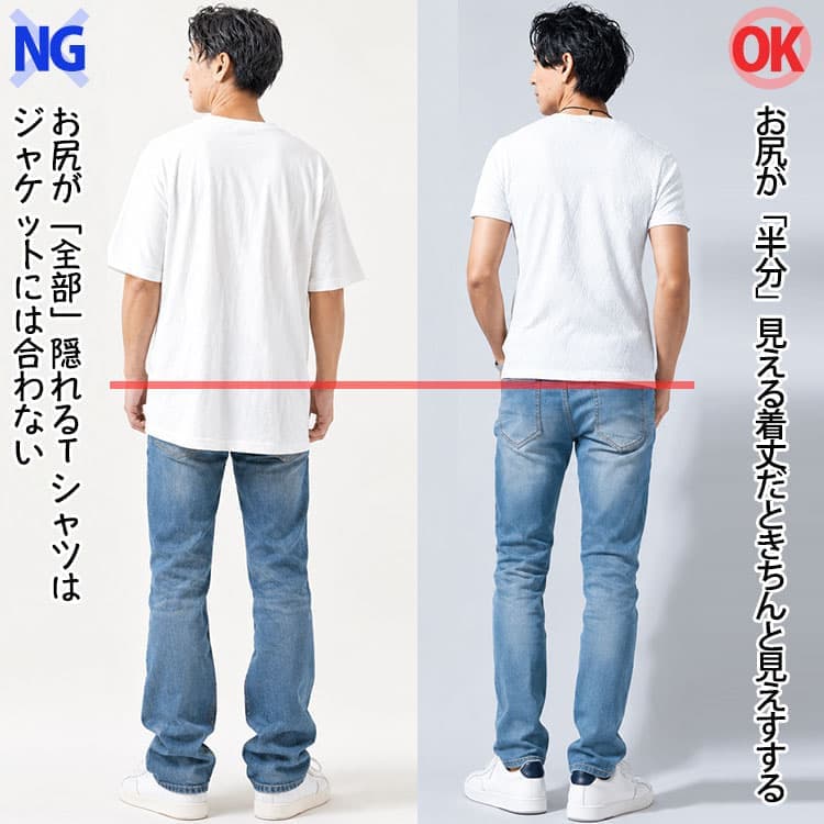 後ろ襟が高いジャケットのインナー専用Tシャツの後ろ着丈比較画像