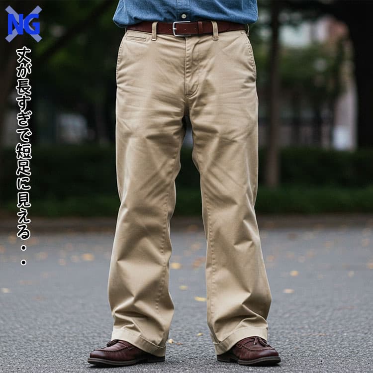 ズボンの丈が長すぎで短足に見えるNG画像