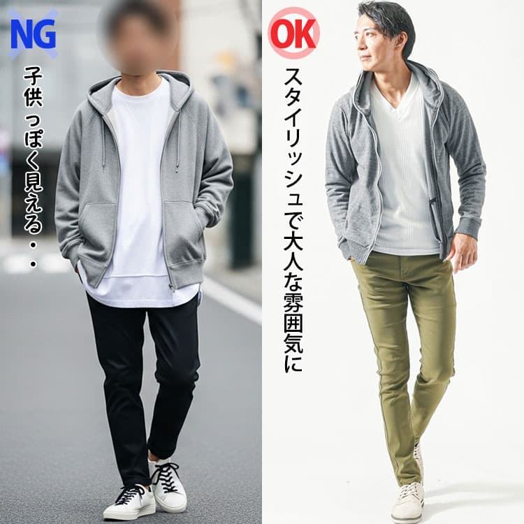 グレーのパーカーに大きめの丸首Tシャツを着たコーデと細身のVネックTシャツを着たコーデの比較