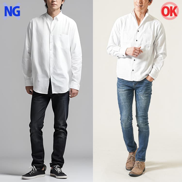 50代メンズの白シャツのダサいコーデとおしゃれな白シャツのコーデの比較