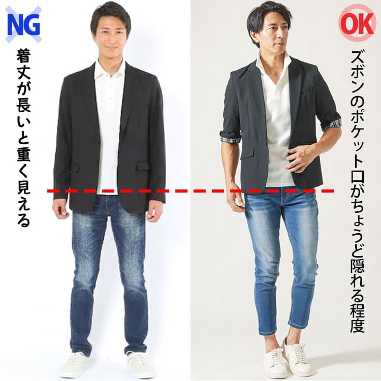 着丈がズボンのポケット口が隠れる程度になっているジャケット