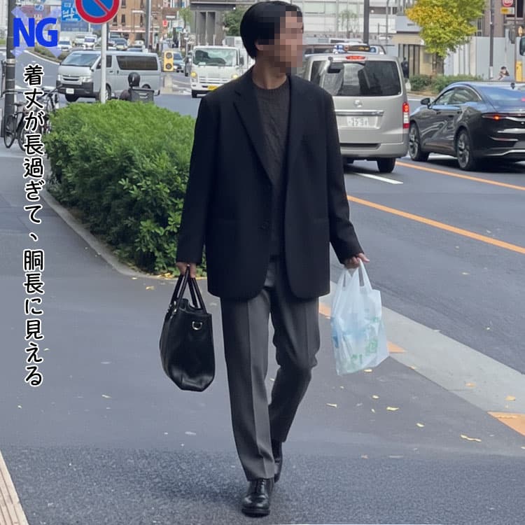 着丈が長過ぎて、胴長に見える高身長・細身体型の男性