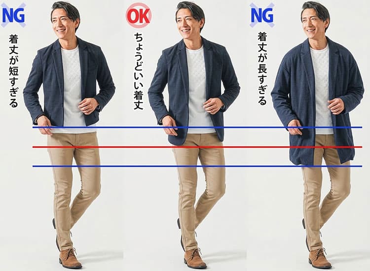 着丈が長いジャケットとズボンのポケット口がちょうど隠れる程度のジャケットの比較