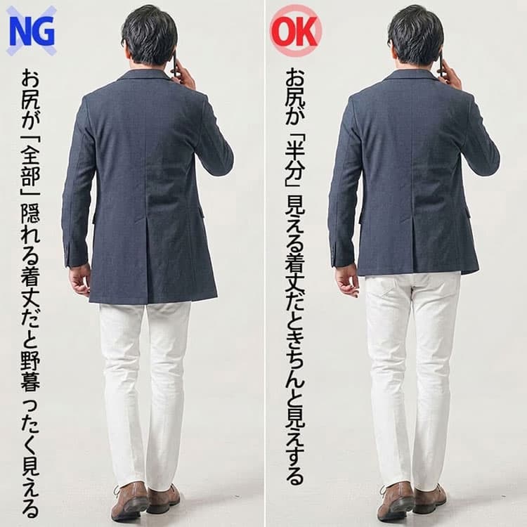 着丈が長いジャケットと着丈が短いジャケットを合わせた白パンツコーデの後ろ姿比較