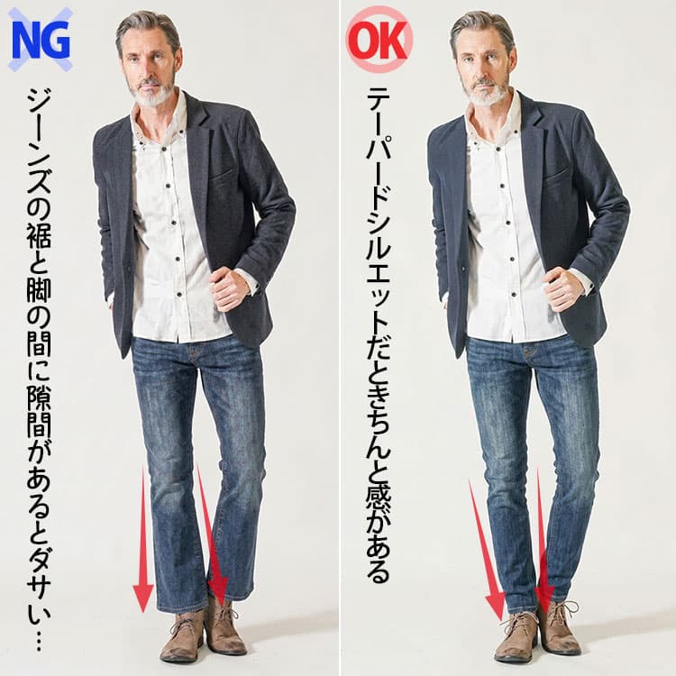ストレートシルエットのジーンズとテーパードシルエットジーンズの比較例