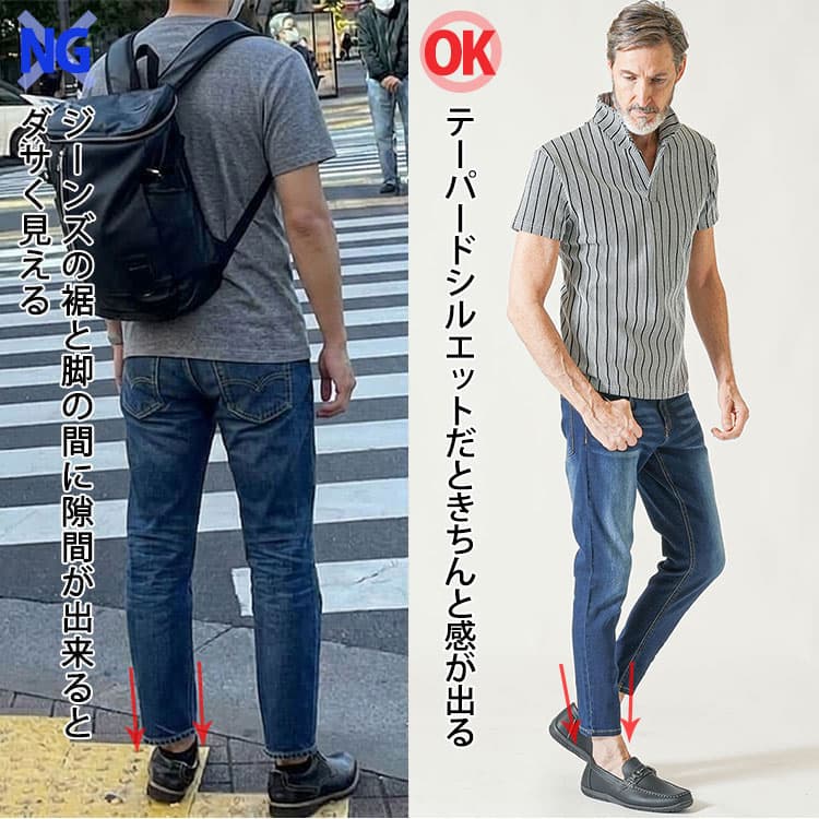 ストレートシルエットのジーンズとテーパードシルエットジーンズの比較例