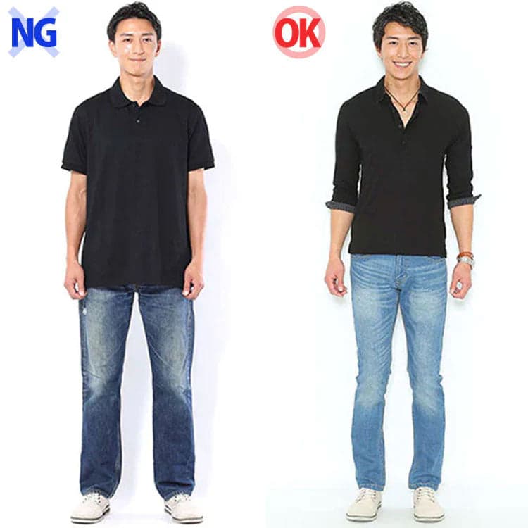 オーバーサイズ気味のポロシャツとジャストフィットしたポロシャツのコーデ例