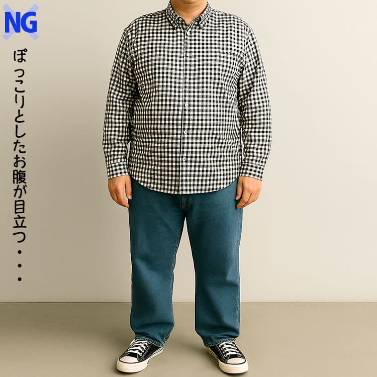 ぽっこりとしたお腹が目立つワンサイズ上げた柄デザインの洋服を着た例