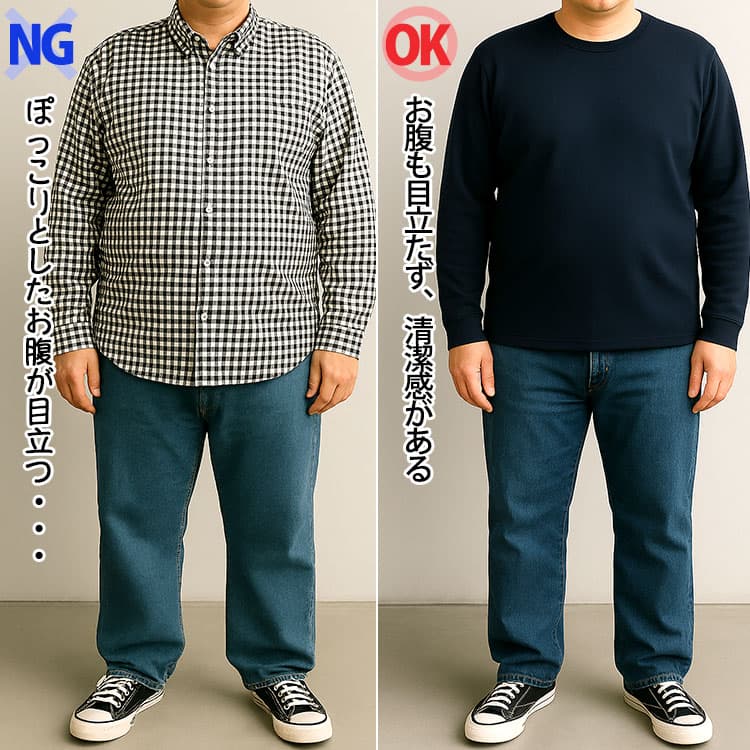 ぽっこりとしたお腹が目立つ例と、ぽっこりとしたお腹が目立たない例の比較