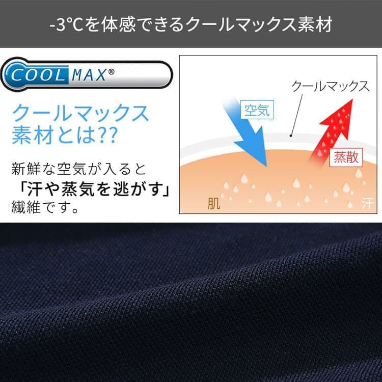 涼しさ・上品さ・軽いを叶えるポリエステル素材(クールマックス)の説明画像